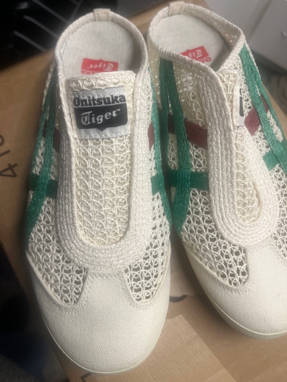 Onitsuka Tiger Cream Green Mesh Slip-On Sneakers